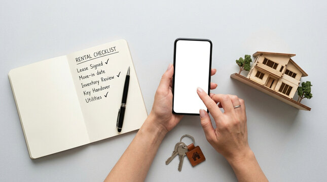 Hand holding phone showing rental app with house keys