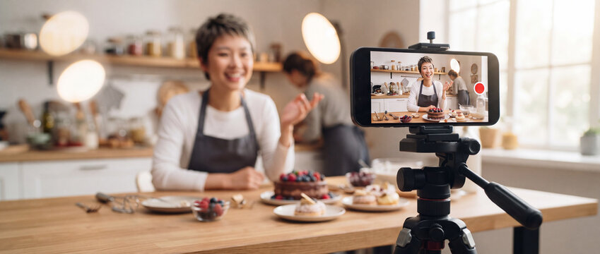 Food blogger recording video on smartphone mounted on tripod in a cozy modern kitchen while presenting a berry chocolate cake, perfect for culinary vlog and social media content creation