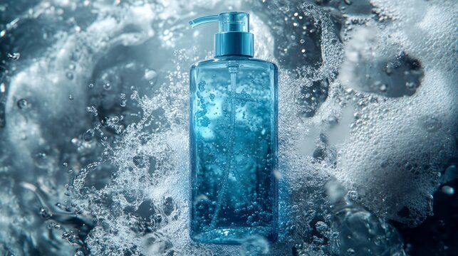 Blue pump bottle for cosmetic cleanser standing among bubbles water spray close up product photography skincare hygiene liquid soap shampoo spa freshness and bathroom advertising premium commercial