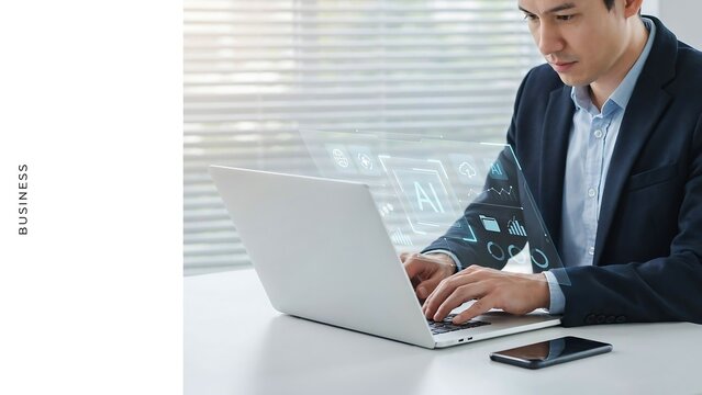 Man in Business Suit Working on Laptop with AI Technology Overlay