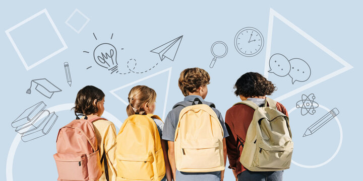 Creativity in learning with a group of students going back to school with backpacks