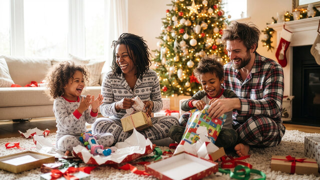 Happy Diverse Family Opening Christmas Presents in Pajamas