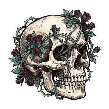 Human Skull Entwined with Dark Thorny Rose Vines Element, Generative AI Gothic Skeleton Tattoo PNG