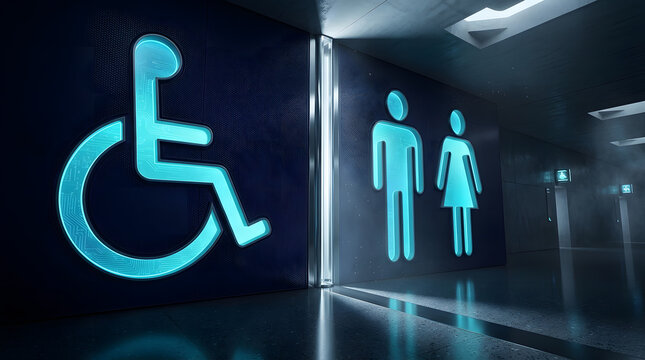 Futuristic Glowing Blue Neon Restroom and Disability Access Signs