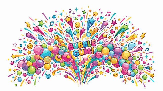 Bubble gum explosion with colorful confetti, stars, hearts, and smiley faces, creating a festive and celebratory atmosphere. The word Bubble Gum! is prominently displayed in a fun, bubbly font