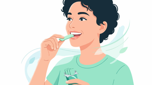 A young person with dark curly hair in a teal t-shirt, happily chewing on a piece of gum and holding a small container of gum. The person looks to their left with a slight smile.