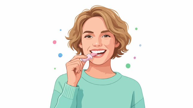 A young woman with blonde, curly hair is brushing her teeth with a toothbrush, smiling brightly. Colorful bubbles float around her head, suggesting freshness and cleanliness