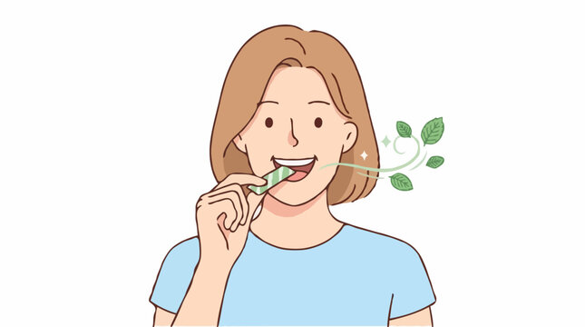 A woman is chewing on mint gum, which is exhaling a fresh breath of mint leaves and swirls, indicating a fresh scent