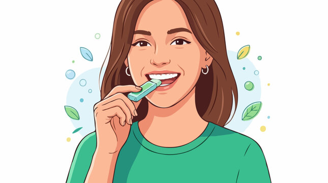 A woman smiling as she chews on a piece of mint-flavored chewing gum. She is wearing a green t-shirt, and the background has illustrations of leaves and bubbles