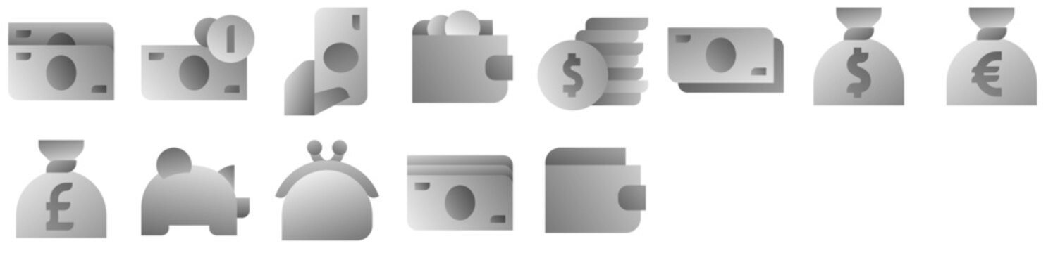 Cash Icon Set including money, bag, dollar, sack, bank, currency, finances, savings, economy, profit, banknotes, financial, bills, stack. Set of vector icons.