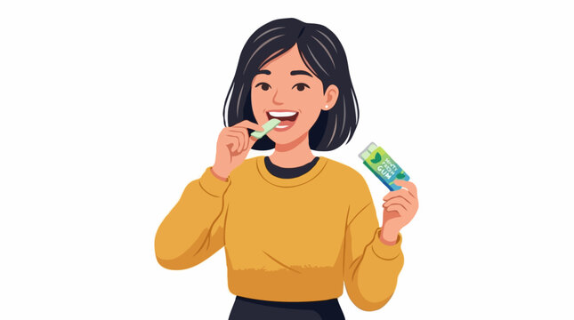 A young woman smiling while brushing her teeth with a mint strip, holding a package in her other hand