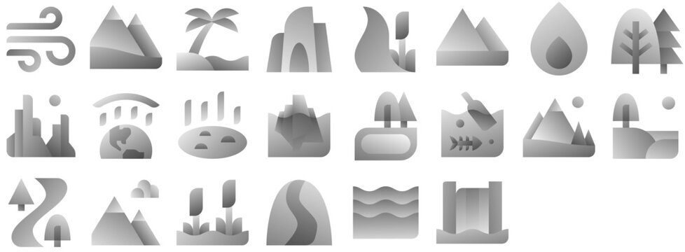 Nature featuring hot springs, park, water, landscape, forest, travel, mountain, natural, national, hill, air, element, tourism. Vector icon collection.