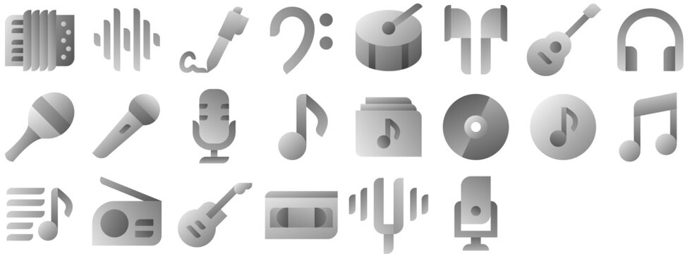 Music Icon Set: sound, musical instrument, audio, rock, note, record, play, microphone, melody, drum, mic. Vector icon pack.