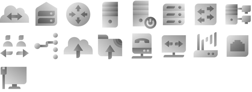 Network Icons: cloud, data, server, connection, technology, storage, web, internet, computer, exchange, upload, networking, hardware, status. Vector icon collection.