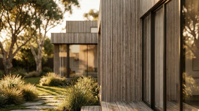 Modern Residence: Wooden facade overlooking a private garden 