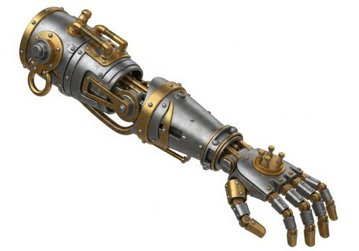 Steampunk robotic prosthetic arm holding apple isolated on white background