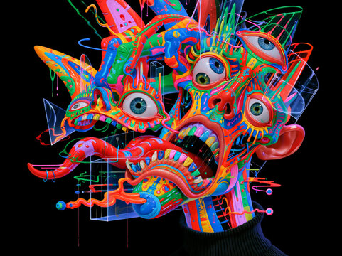 Colorful Surreal Monster Face with Multiple Eyes