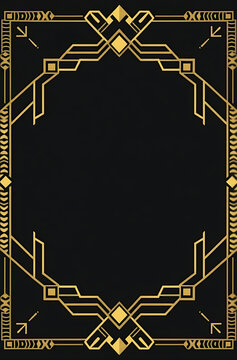 Elegant Art Deco style golden geometric frame on a black background, featuring symmetrical lines and diamond shapes, perfect for a vintage design.
