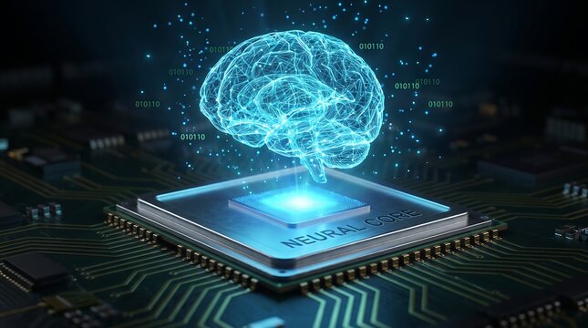 Glowing 3D digital human brain model resting on a computer processor chip representing artificial intelligence and neural network technology in advanced modern computing architecture