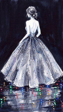 Fashion watercolor illustration of woman in silver ball gown over fairy lights