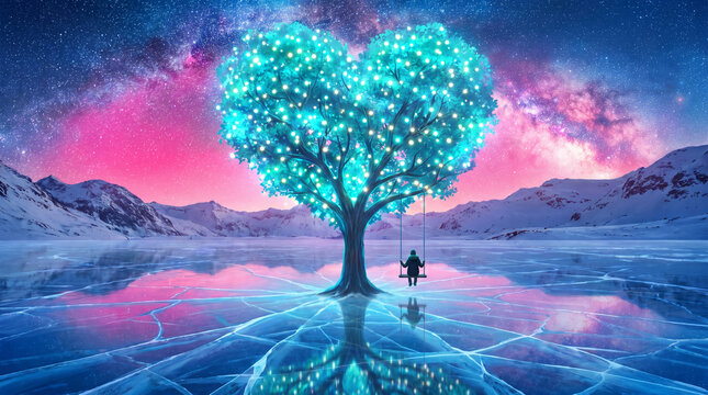 Glowing cyan heart tree on frozen ice lake with swing under starry sky