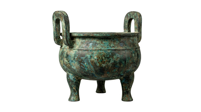Ancient bronze cauldron vessel with weathered green patina