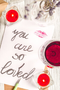 concept Valentine's Day love letter wooden background top view
