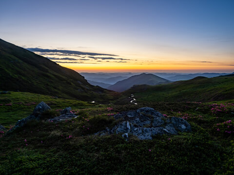 Blue Hour Mountain Valley before Sunrise at Lala Mica Lake
