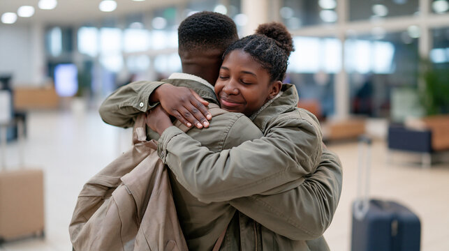 A Black father gives his teenage daughter a reassuring goodbye hug before her trip, rear-view medium shot with backpack and suitcase in a bright terminal, calm supportive body language;