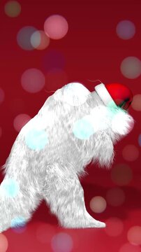 Merry Christmas and Happy New Year animation. Funny hairy white monster man character dancing. Furry beast having dancing, fur bright funny fluffy character, snowman, seamless motion design. 3d render