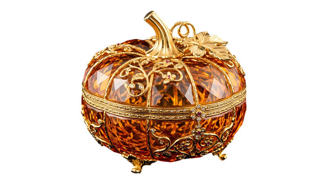 Ornate crystal pumpkin trinket box with gold filigree and gemstones isolated on transparent background