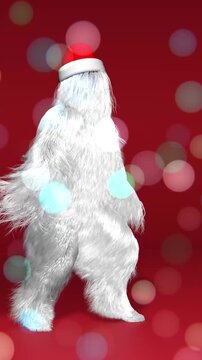 Merry Christmas and Happy New Year animation. Funny hairy white monster man character dancing. Furry beast having dancing, fur bright funny fluffy character, snowman, seamless motion design. 3d render