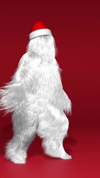 Merry Christmas and Happy New Year animation. Funny hairy white monster man character dancing. Furry beast having dancing, fur bright funny fluffy character, snowman, seamless motion design. 3d render