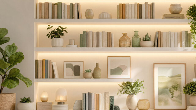 Decorated bookshelf wall with plants and warm lighting for virtual meeting background, Zoom Backdrop