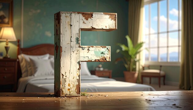 Weathered Letter F on Rustic Table in Cozy Bedroom