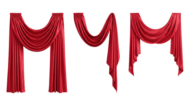 Red satin drape curtains set with elegant swags on transparent background