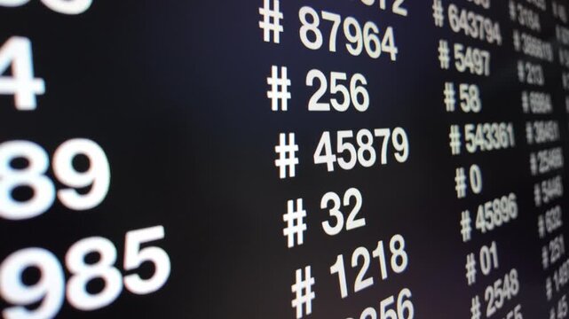 Stock market ticker display with white numeric hashtag id codes numbers