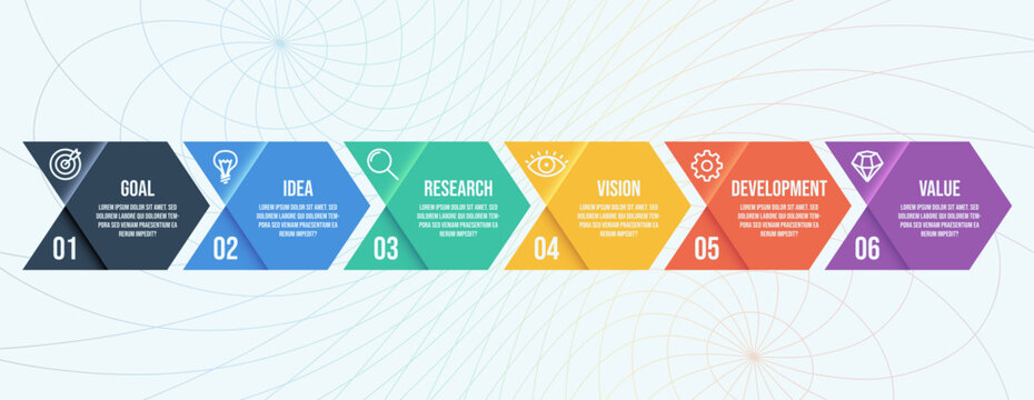 Business process infographic timeline six steps strategy workflow chart with icons. Project management progress diagram, data visual layout corporate graphic design