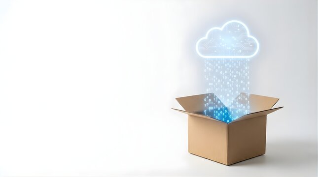Digital cloud computing data streaming into an open cardboard box