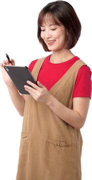 Happy smiling asian woman holding tablet and stylus pen isolated on transparency background with copy space for design work
