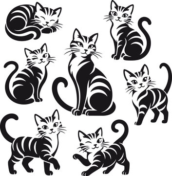 Black and White Mother Cat with Playful Kittens Character Vector Set