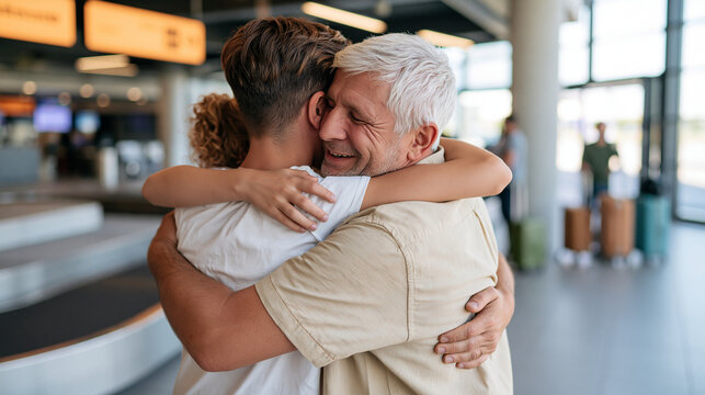 A European grandfather welcomes his adult son and young granddaughter with a three-generation group hug near baggage claim, faces hidden by the embrace, bright signage and rolling suitcases