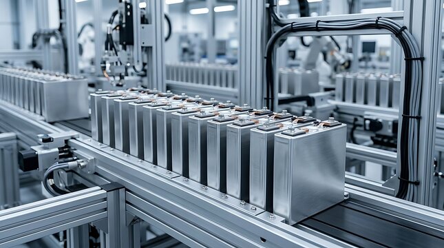 Lithium battery production line. Automated manufacturing of electric vehicle power cells.