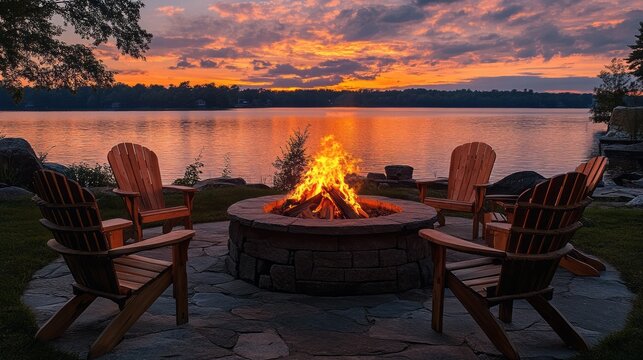 Cozy campfire circle by lake at sunset with wooden chairs and scenic mountain view showing outdoor relaxation travel camping lifestyle warm firelight peaceful nature retreat atmosphere for vacation