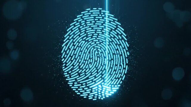 A glowing blue digital fingerprint scan illuminates a dark background, representing biometric security and personal identification technology.