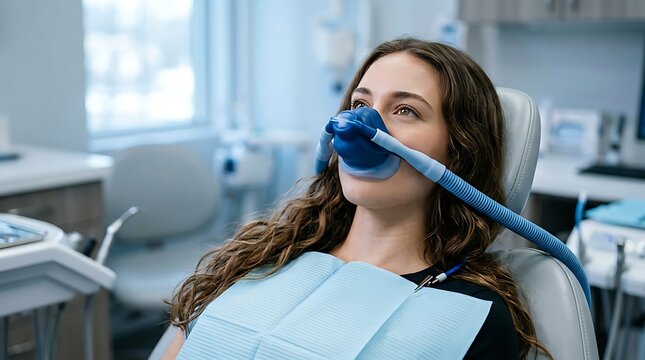 Patient wearing dental sedation mask. Woman receiving nitrous oxide at dentist office.