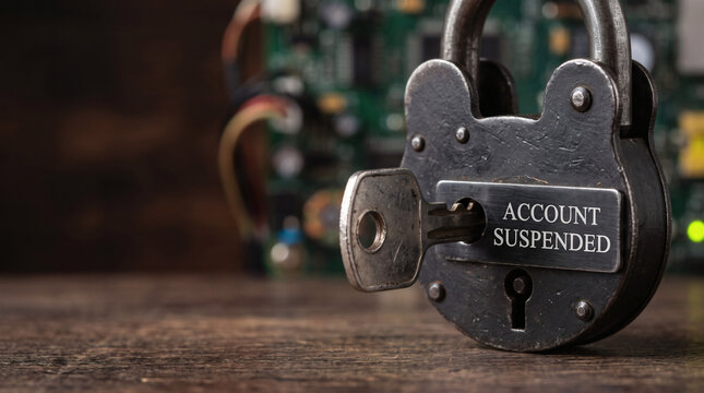 Account suspended text on a vintage padlock with key