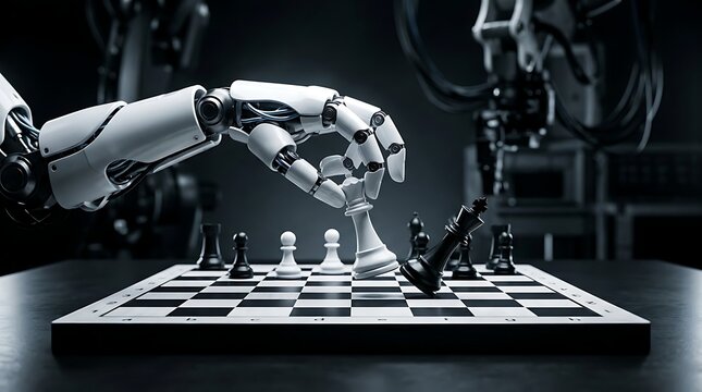 Robot hand playing chess. Artificial intelligence machine making a strategic move.