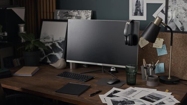 Camera tilting up over creative home office desk with computer monitor, headphones, and printed photos. Clip suitable for remote work, freelance design, and digital workspace marketing campaigns