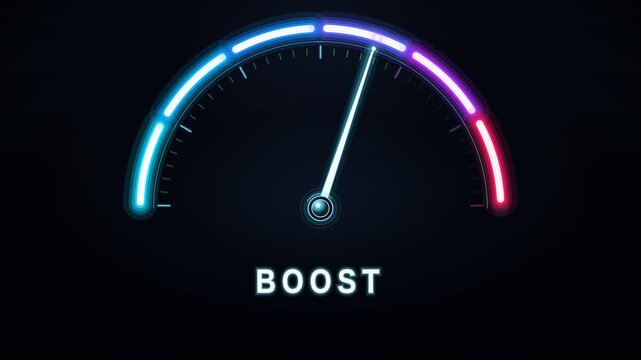 Neon Boost Gauge Needle Sweeps from Low to High across a Dark Futuristic Screen